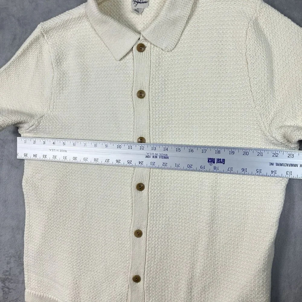 J Crew Polo Cardigan Mens L Cream Short Sleeve Cotton Waffle Knit Preppy CQ900